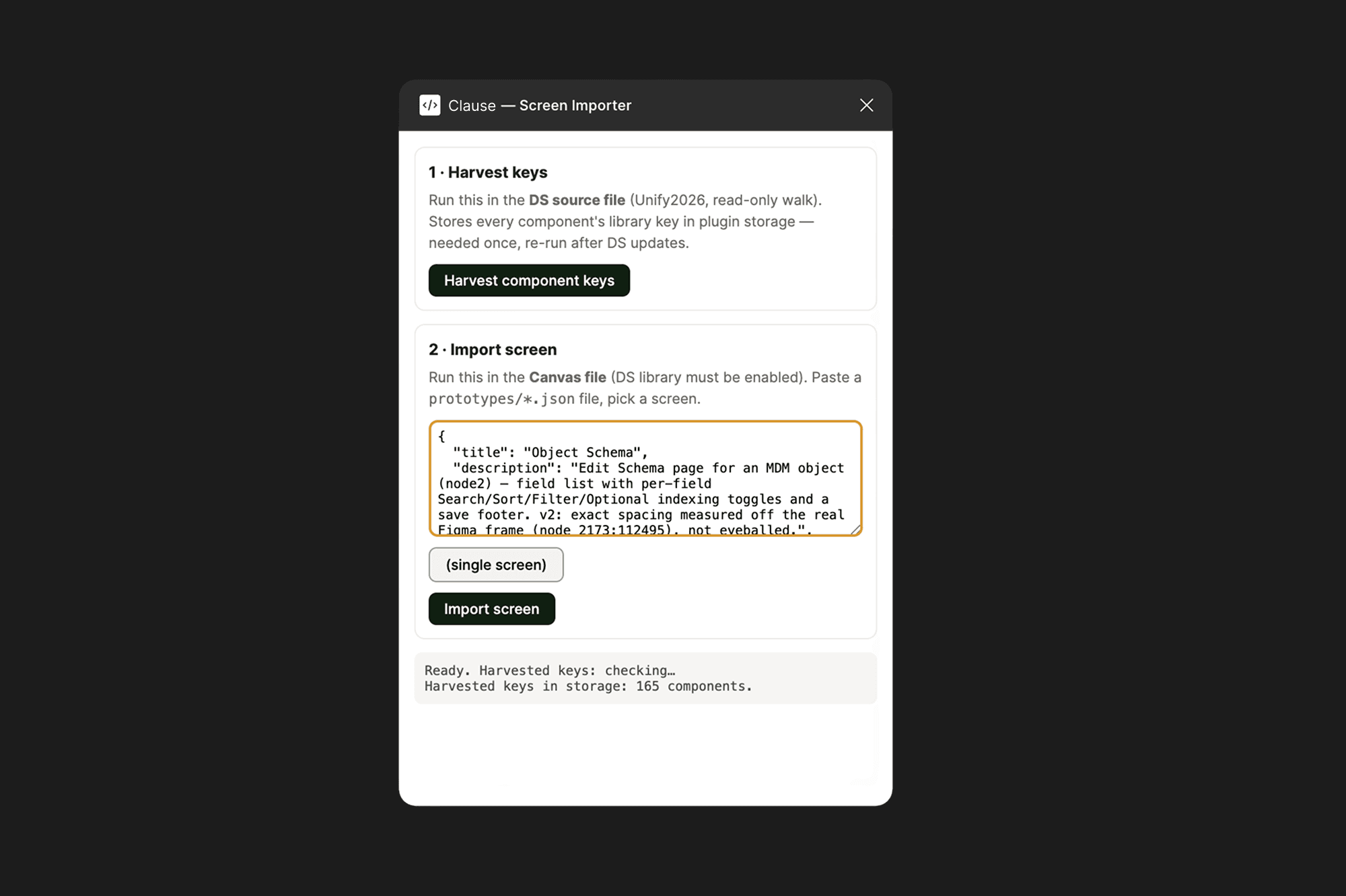 The Clause screen importer plugin, harvesting component keys from the design system file, then importing a prototype JSON as native layers built from those components