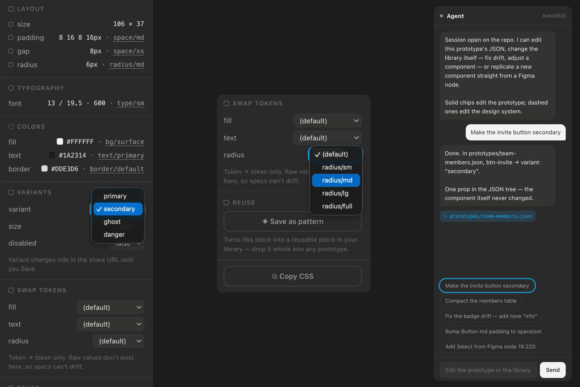 The inspect panel resolving everything to tokens, token-only swaps, and the agent editing a prototype's JSON