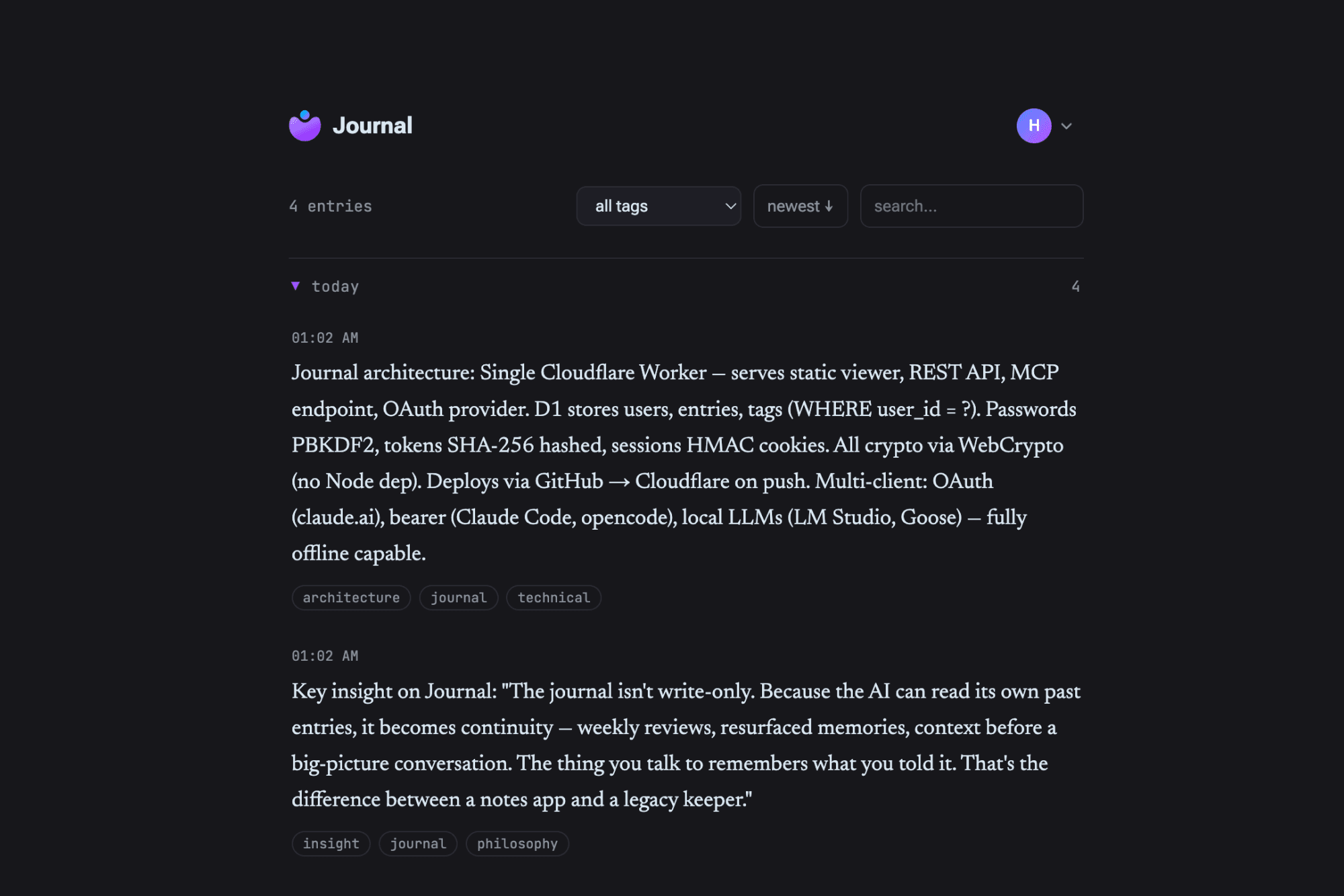 Lapse's entry feed, tagged and timestamped, grouped by day