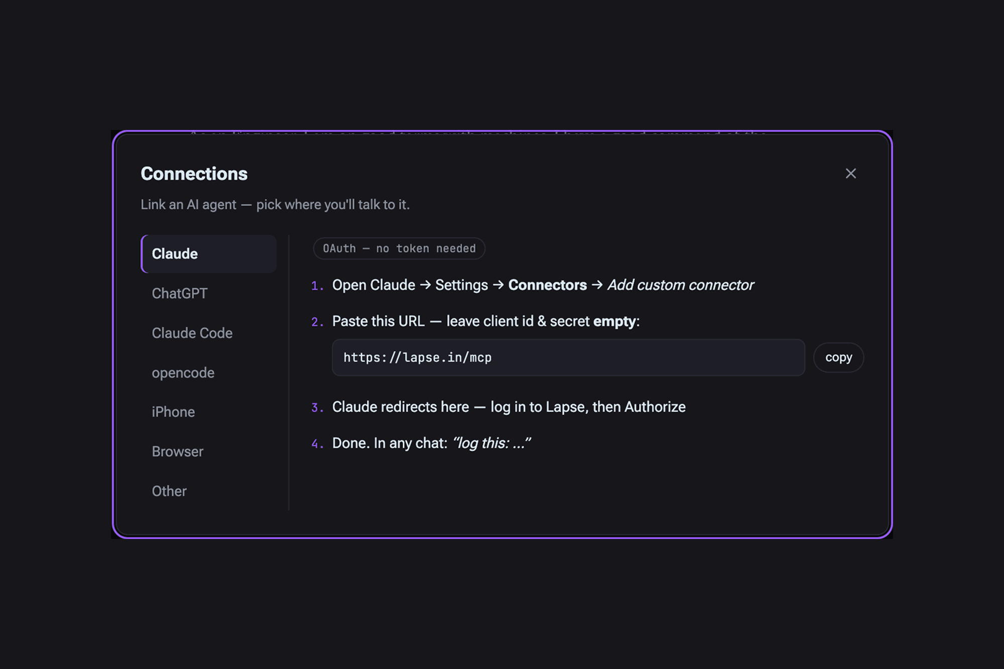 Connecting Claude: paste the MCP URL, authorize, done