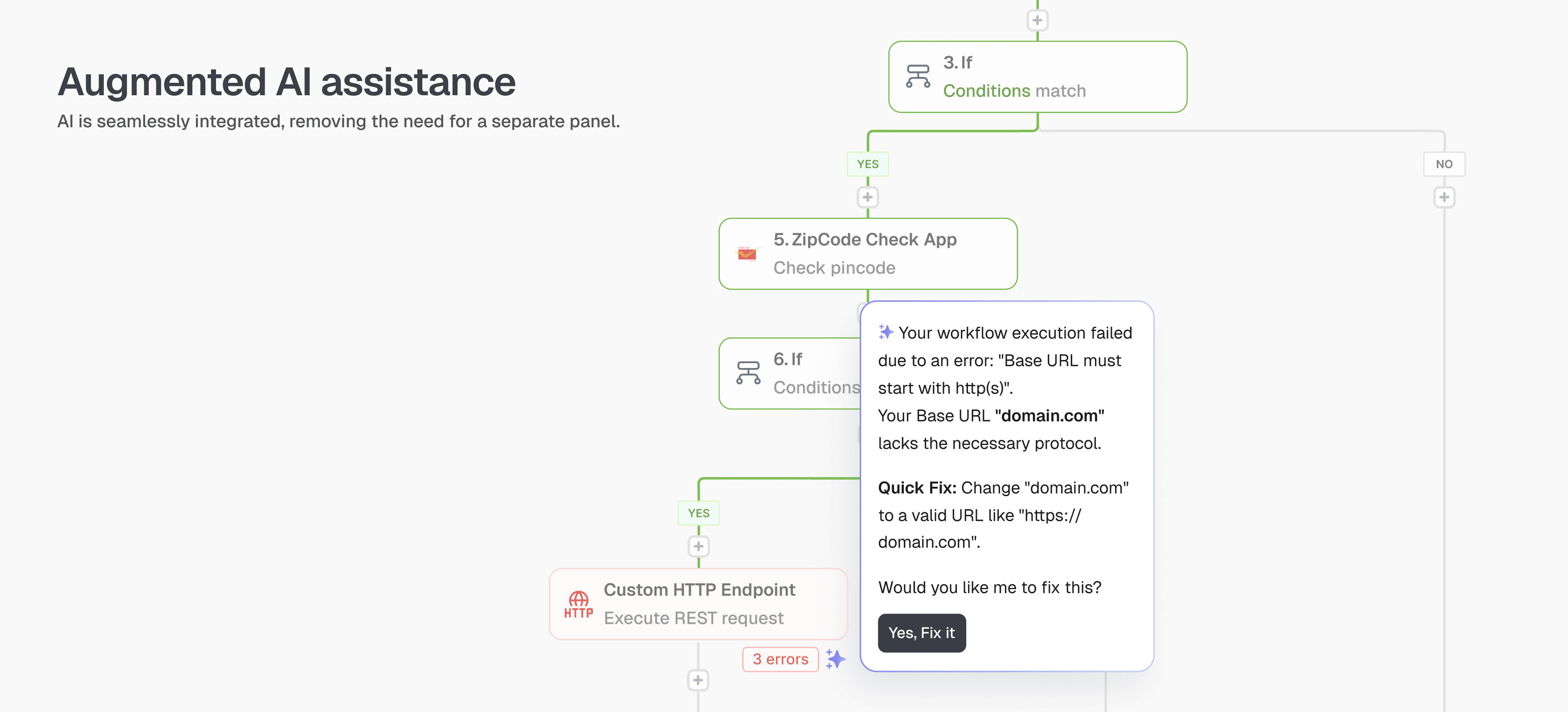 Augmented AI assistance: an inline explanation of a failed run with a one-click fix.